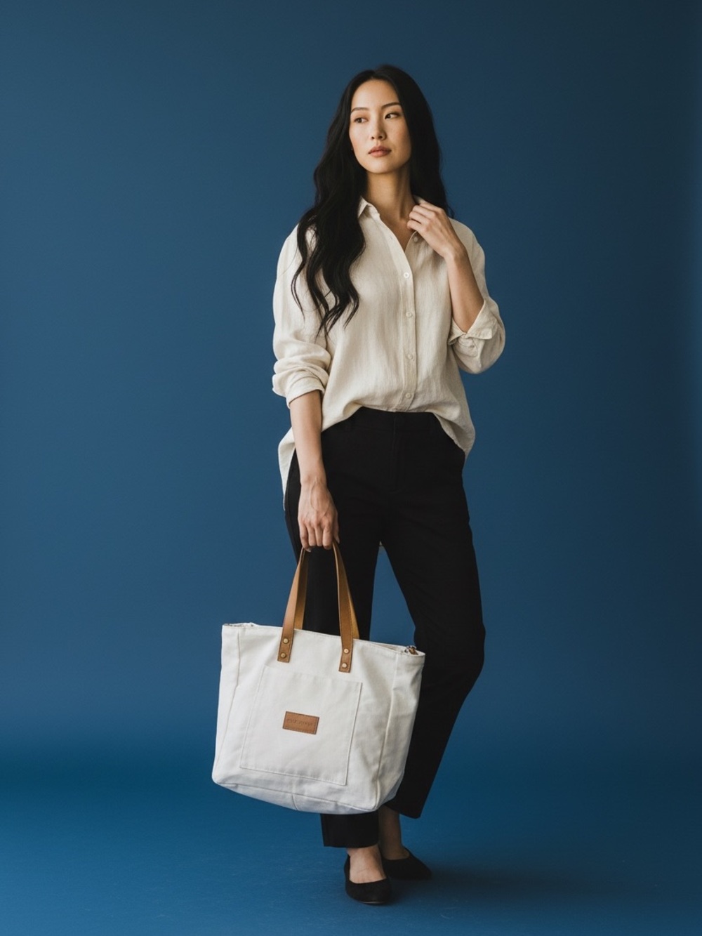 COZY earth White Canvas Tote with Tan Leather Handles